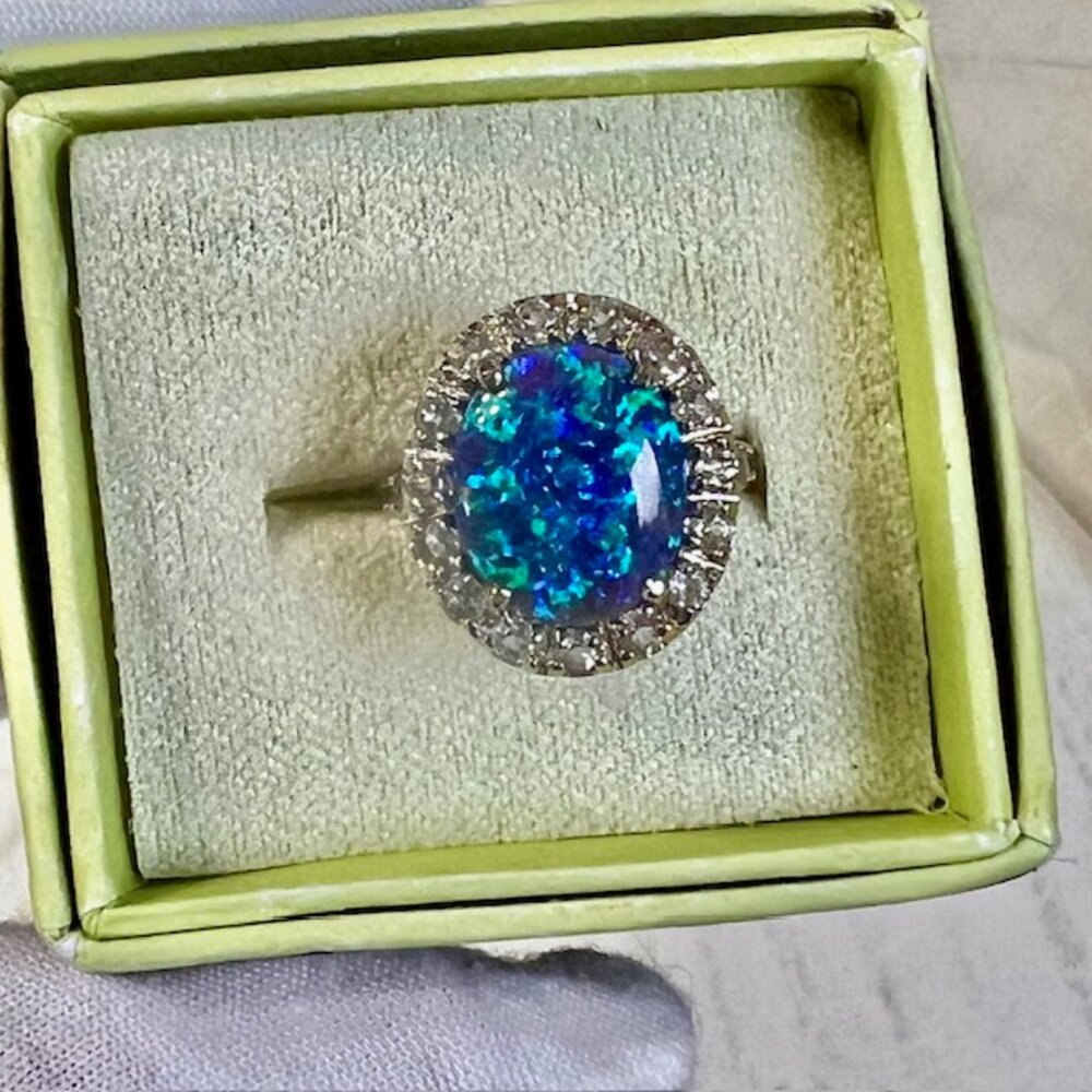 Ross-Simons Synthetic Blue Opal Ring Sterling Silver Size 5 White Topaz Accents